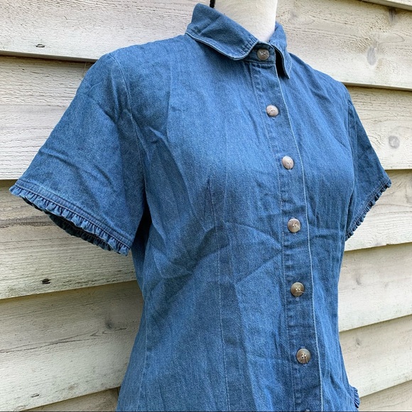 True Vintage 70s Blue Cotton Denim Ruffled Trim Button Down Short Sleeve Blouse - Picture 4 of 16